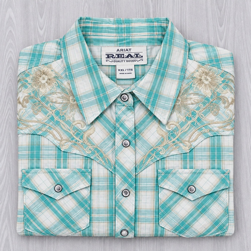 Ariat REAL Western Shirt Women XXL Turquoise Plaid Floral Embroidered EUC